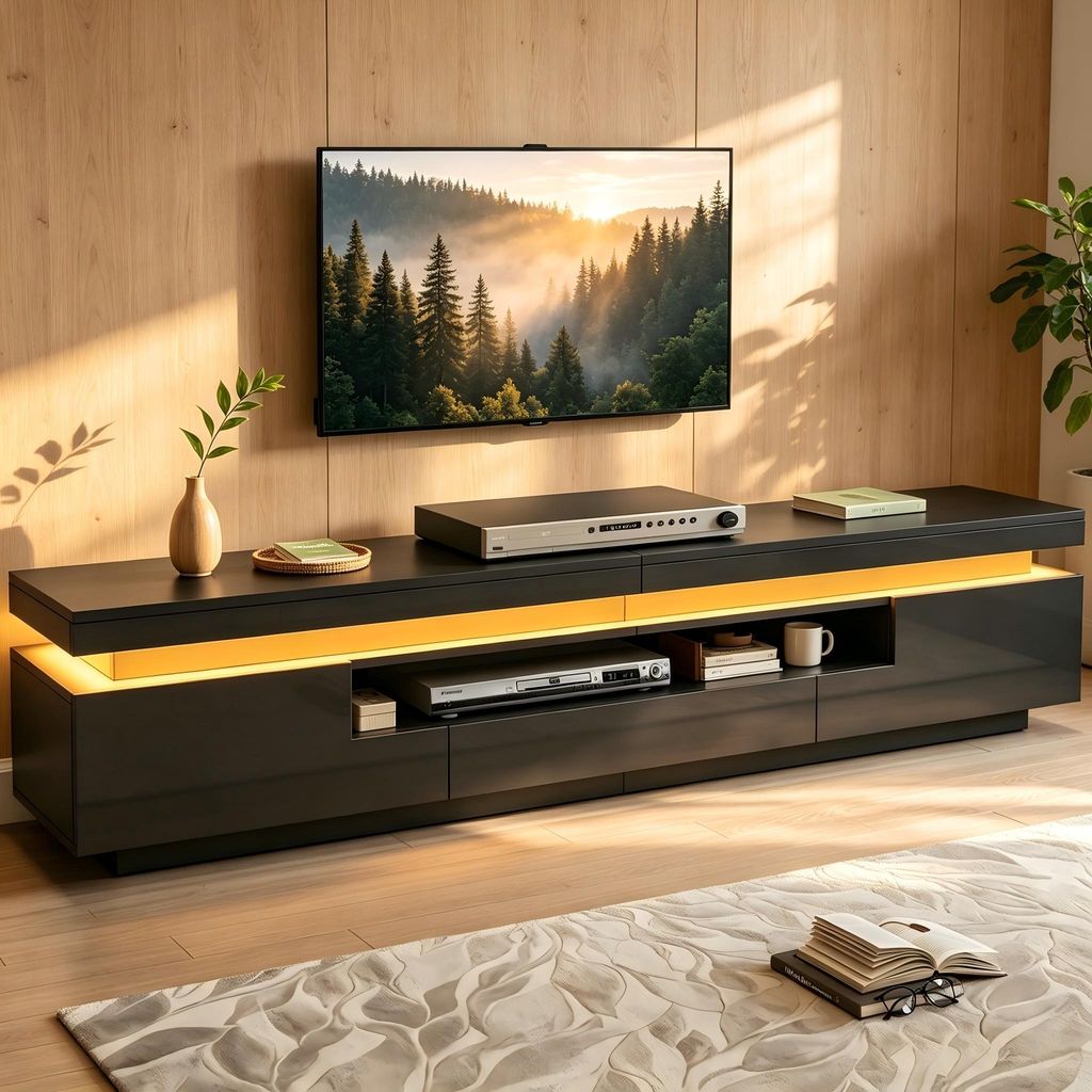 MODFU TV Lowboard Schwarz,für 75 Zoll,TV-Schrank Hochglanz Produktbild 