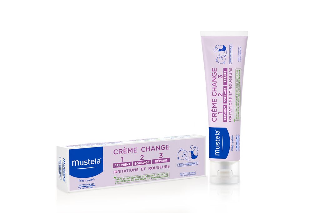 A tube of Mustela baby cream and its box are displayed against a white background.