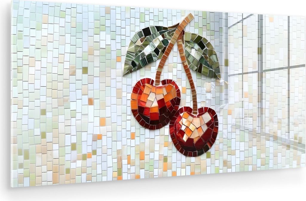 MuchoWow Glasbilder - Bilder auf Wandbild - Foto auf Glas Kirsche - Rot - Mosaik - Blätter 80x40 cm Wanddekoration aus Glas - Acrylglasbild - Acry...