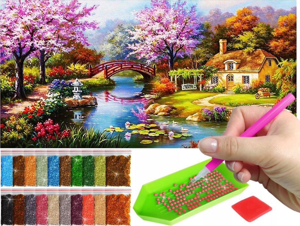 ARTULIO - Diamond Painting Set - Garten mit roter Brücke und Häuschen - 80 x 40 cm - Groß XXL - Bilder DIY, Home Wand Deko