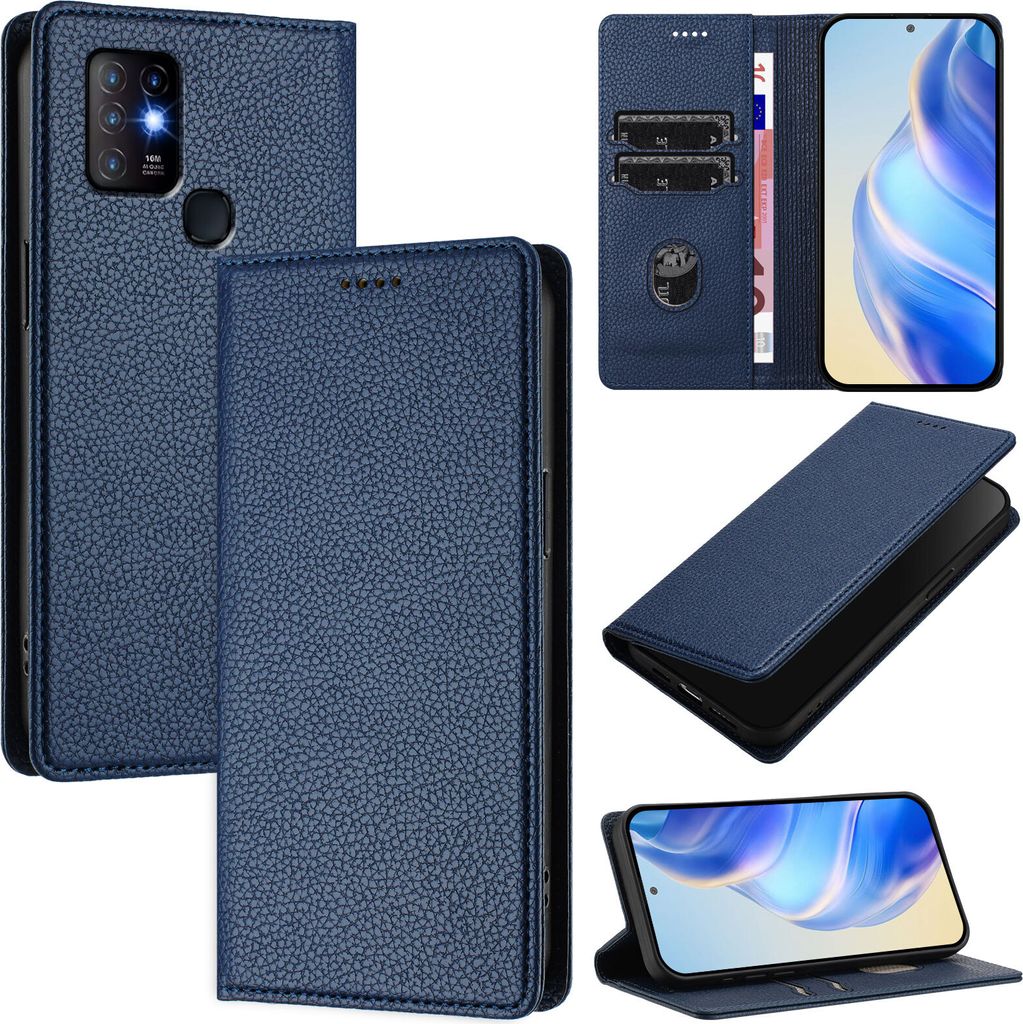 Litchi Leder Handyhülle für Infinix Hot 10 Wallet Kartenfächer Standfunktion Hülle Blau