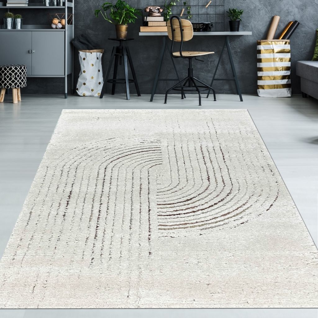 Gestreifter Wohnzimmer-Teppich mit 3d-Effekt in Creme Größe - 240 x 340 cm