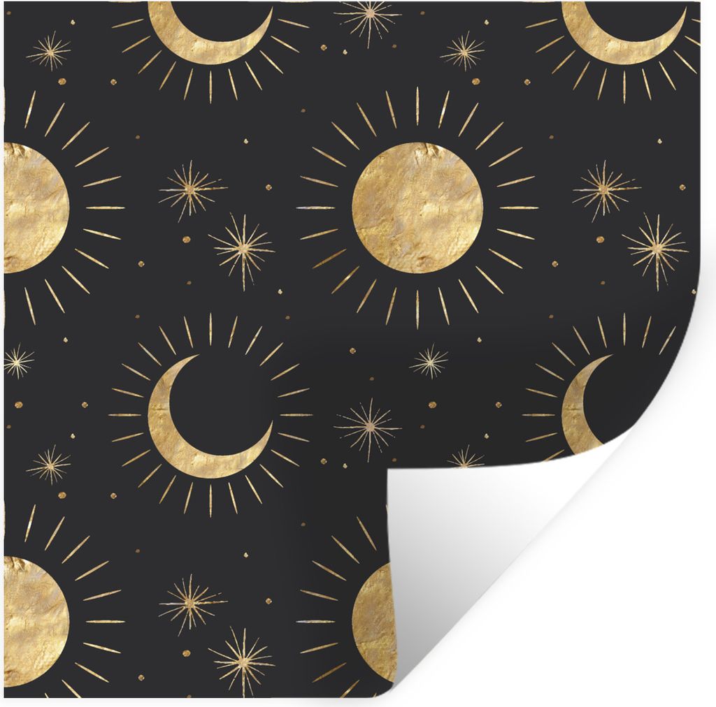 MuchoWow Wandtattoo Wandsticker Wandaufkleber Muster - Mond - Sonne - Gold 100x100 cm Selbstklebend und Repositionierbar - Wierderverwendbar - Se...