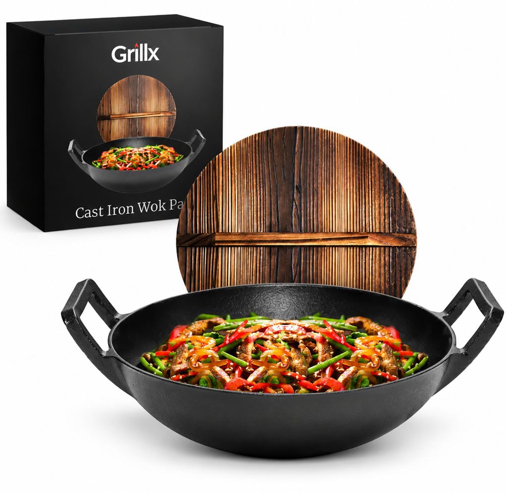 GrillX Wokpan Gietijzer - Met Houten Deksel - Ø 36cm - Produktbild 