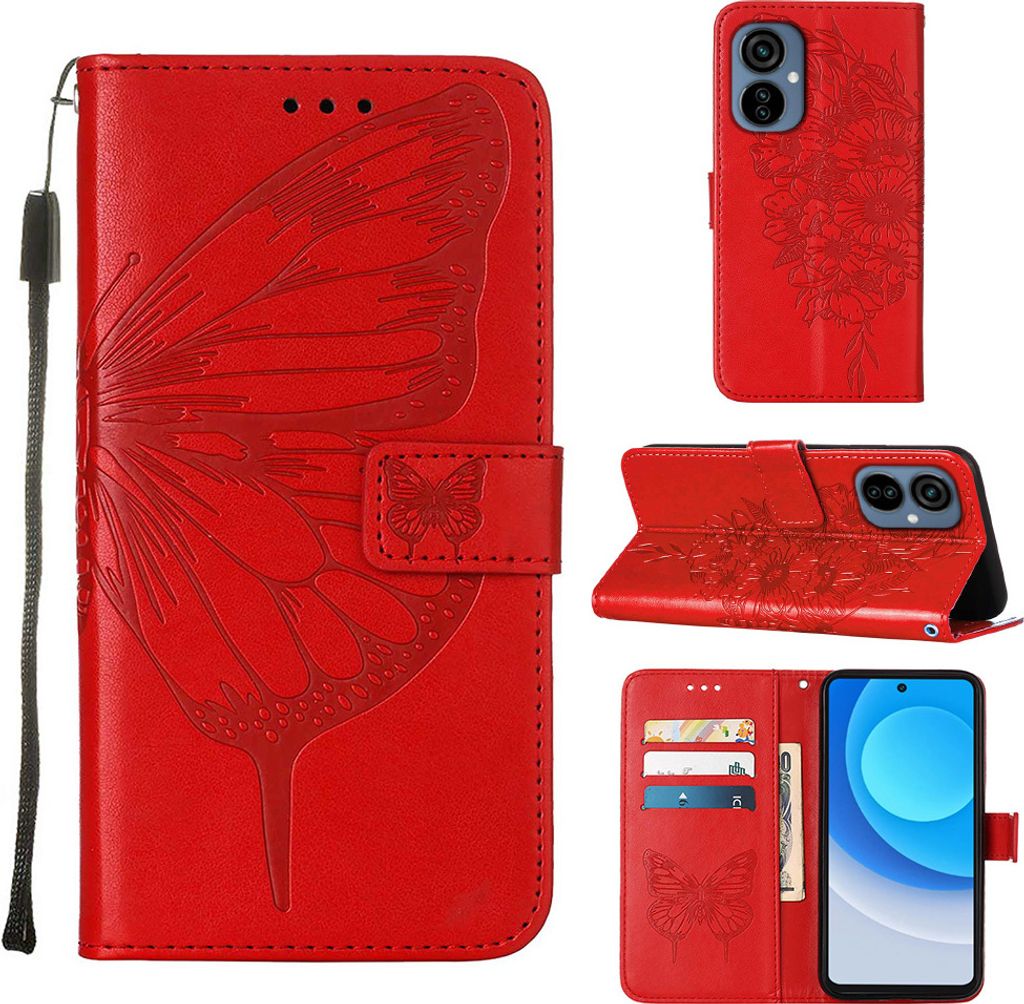 Tecno Camon 19 Neo Hülle, Schmetterling Prägung Flip Leder Kartenfächer Schutzhülle Ledertasche mit Ständer für Tecno Camon 19 Neo Rot