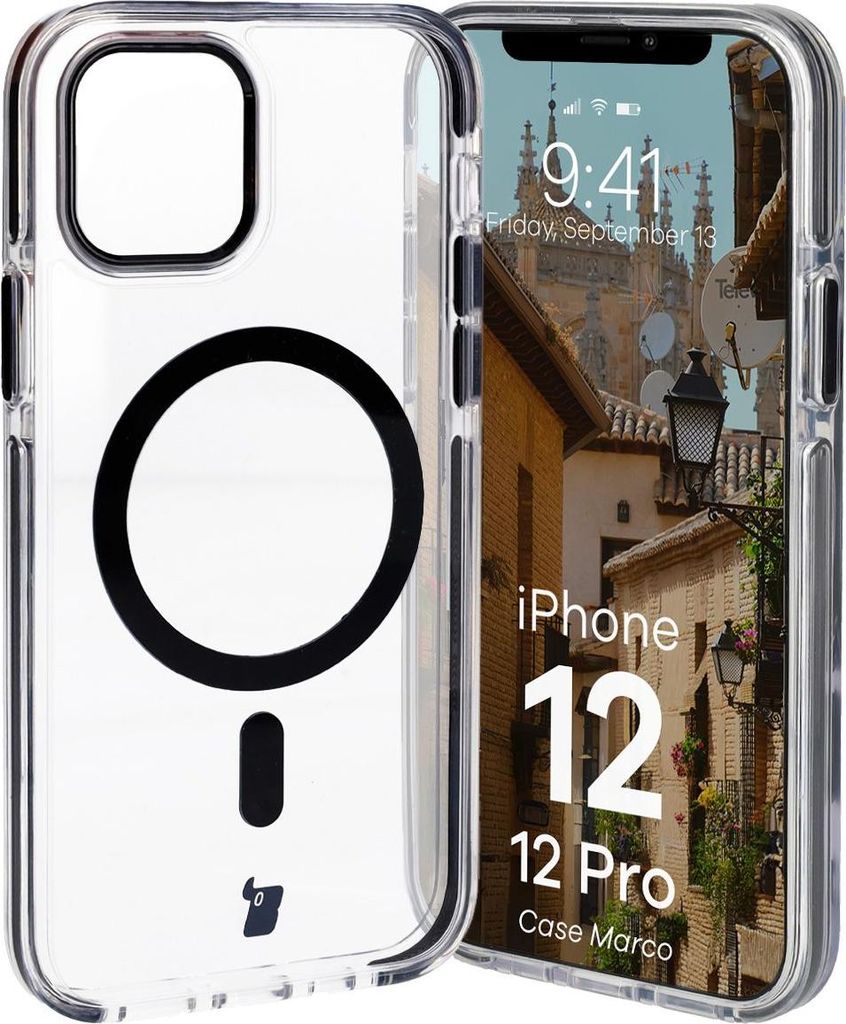 Bizon Case Marco Magnetische Ringhülle für iPhone 12 Pro / 12, Transparent mit schwarzem Rahmen
