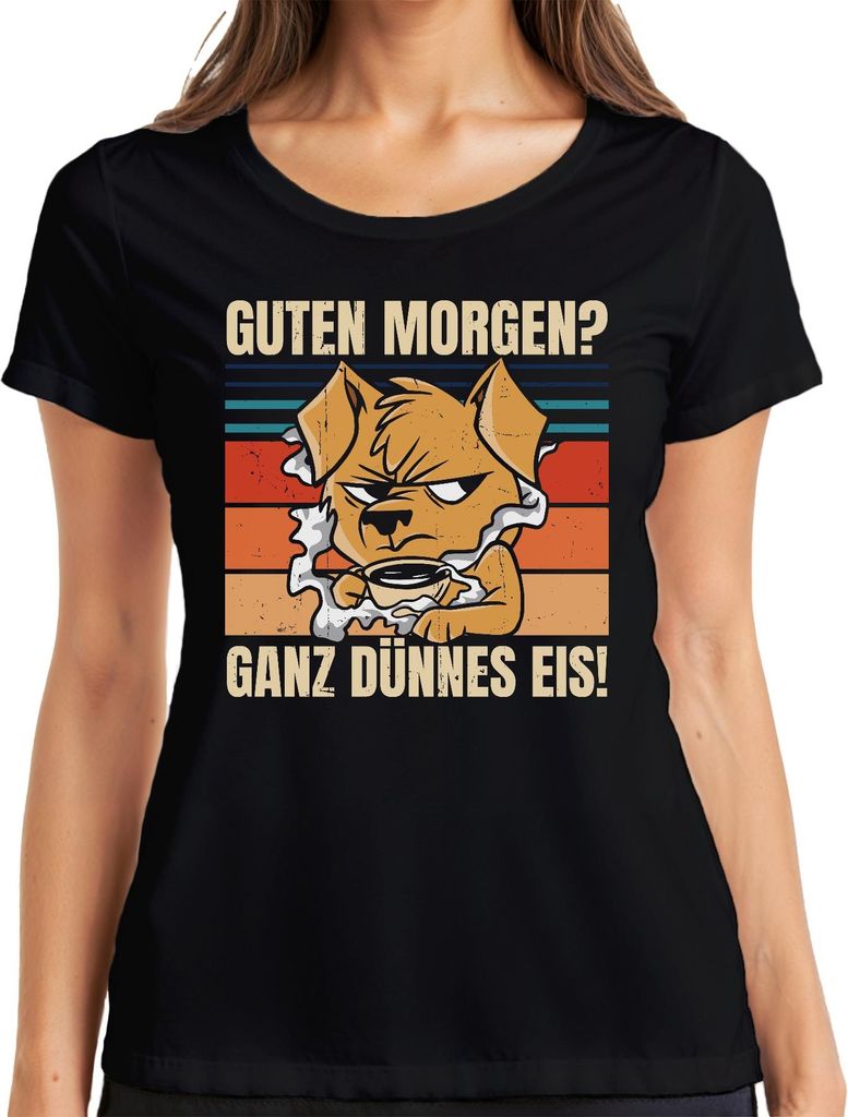 Guten Morgen? Ganz dünnes Eis! Morgenmuffel Kaffee Geschenk Hund Damen T-Shirt, Schwarz, XXL