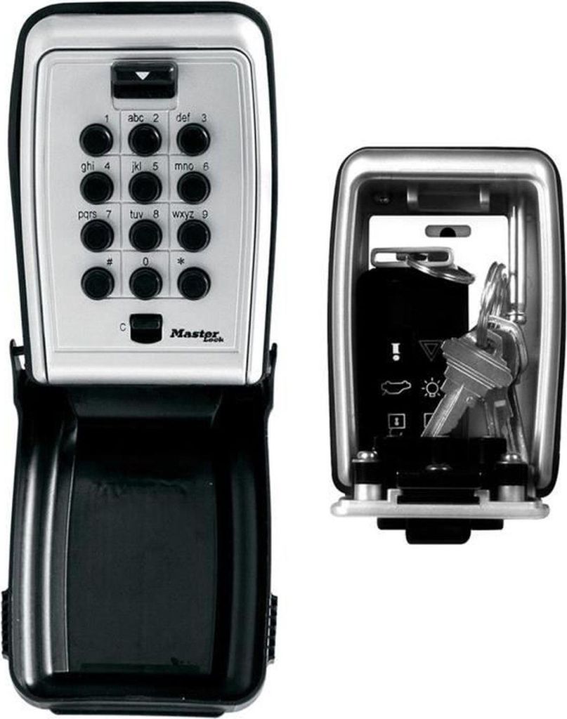 A Master Lock Select Access medium key safe with a keypad and a separate compartment showing keys.