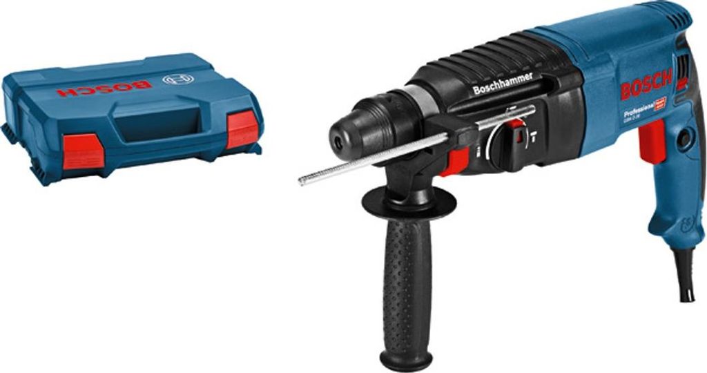 A Bosch rotary hammer drill and its blue carrying case are shown against a white background.
