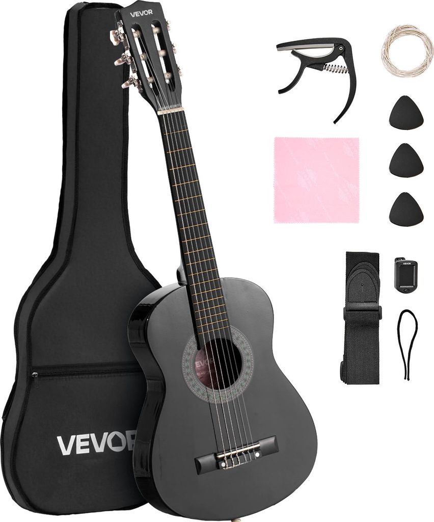 A black VEVOR acoustic guitar and its accessories are displayed against a white background. The guitar is leaning against its black gig bag. Accessories include a capo, extra strings, picks, a cleaning cloth, and a strap with a tuner.