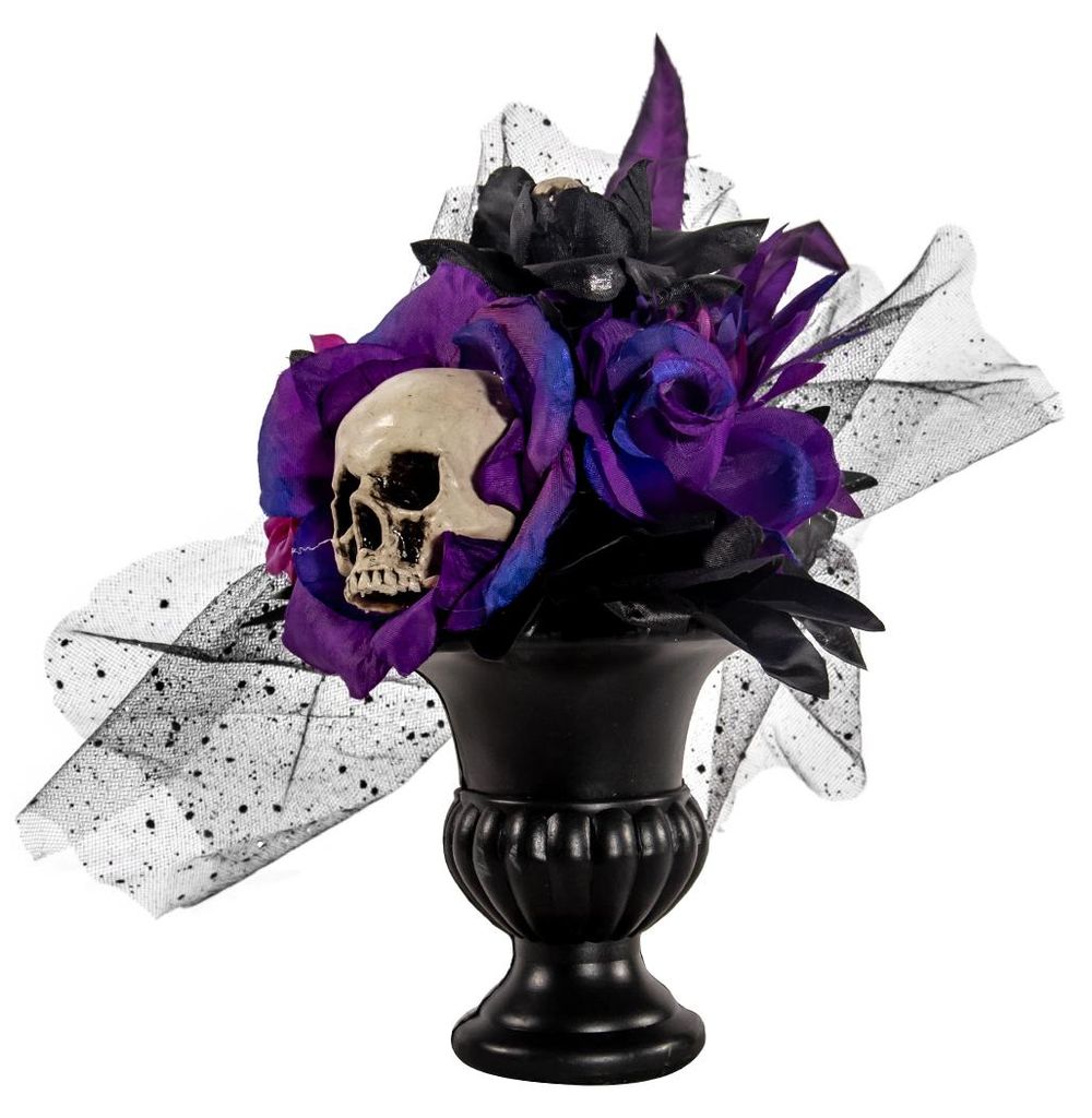 Gothic Blumenvase mit Violett-Schwarzen Rosen und Totenkopf Produktbild 
