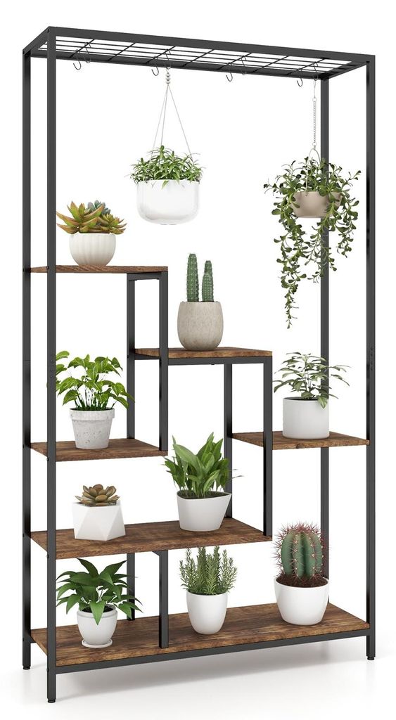 6-stufiger Pflanzenständer, Blumenregal aus Metall mit 10 S-Haken und Gitterablage, Blumenständer für den Innenbereich, Balkon, Wohnzimmer, 180 ...