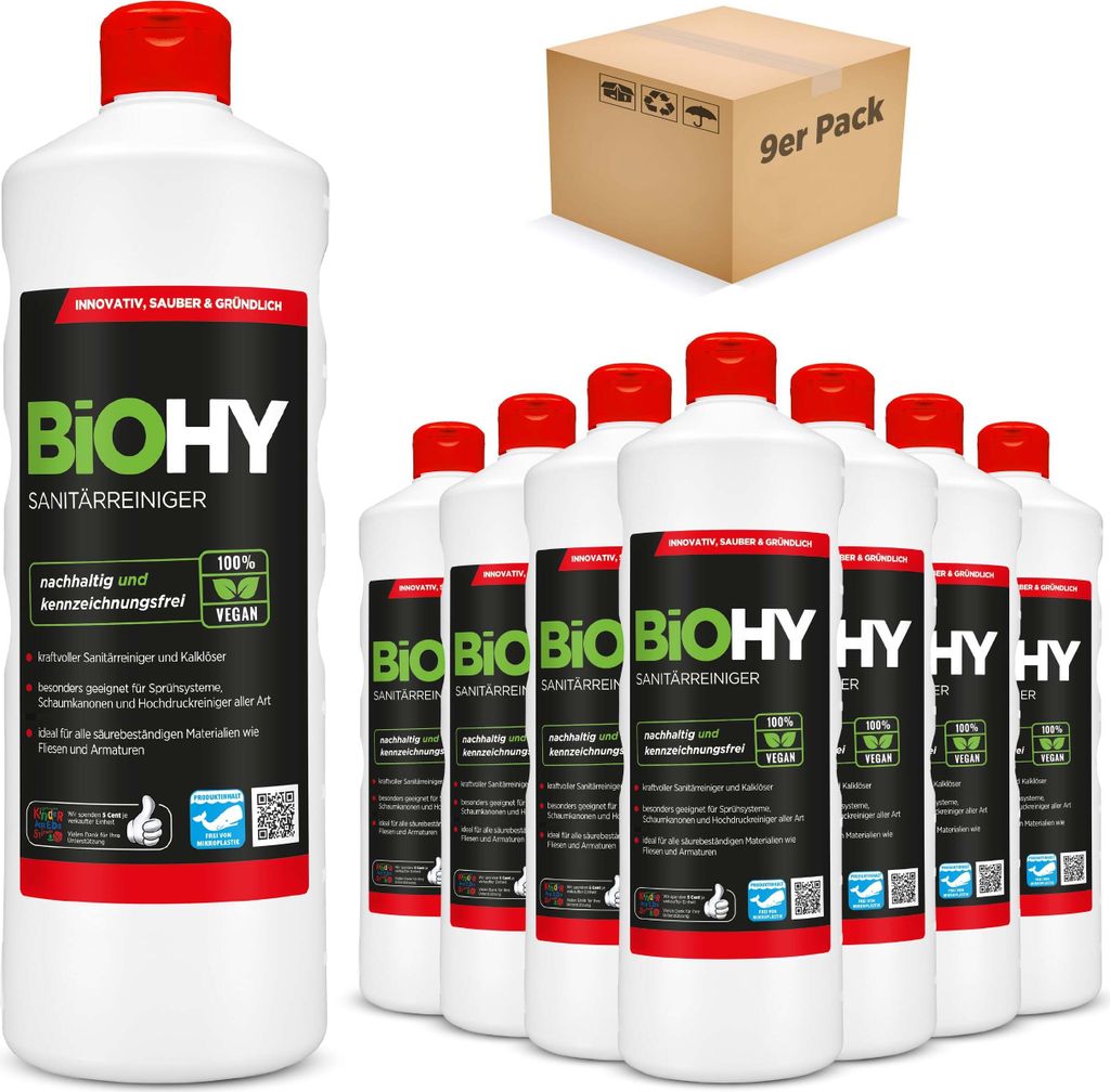 BiOHY Sanitärreiniger, Badreiniger, Kalklöser, Badezimmer Reiniger – 9er Pack (9 x 1 Liter Flasche)