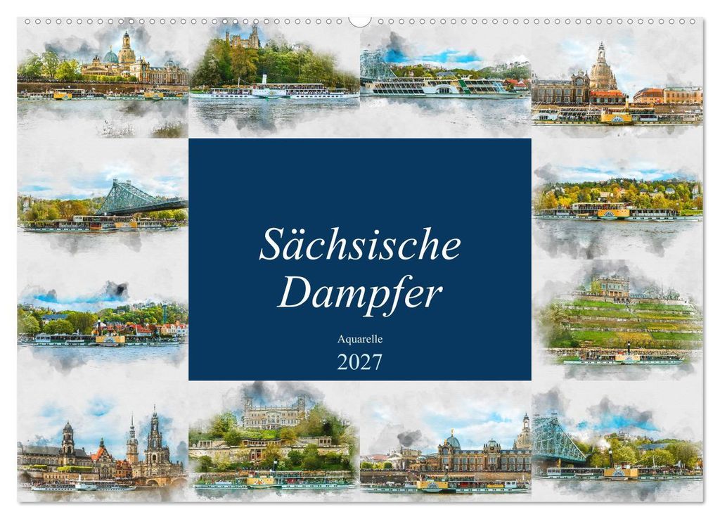 Sächsische Dampfer Aquarelle (Wandkalender 2027 DIN A2 quer), CALVENDO Monatskalender