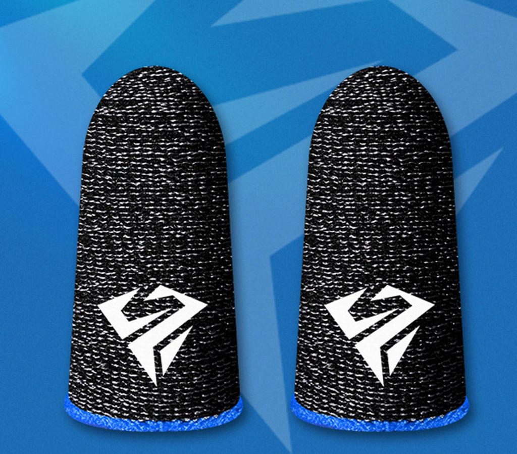 Two black finger sleeves with a white logo and blue trim, set against a blue background with abstract white shapes.