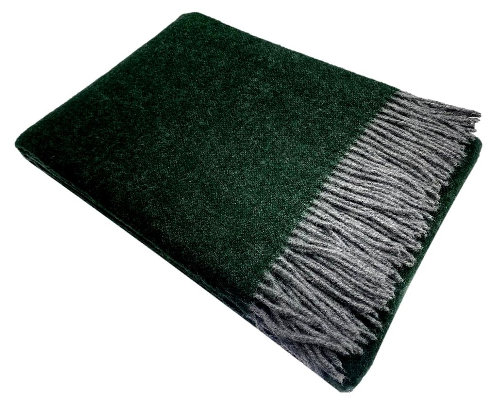 Wolldecke 140x200 cm aus 100% Neuseelandwolle, Überwurf Plaid mit Fransen (Dunkelgrün)
