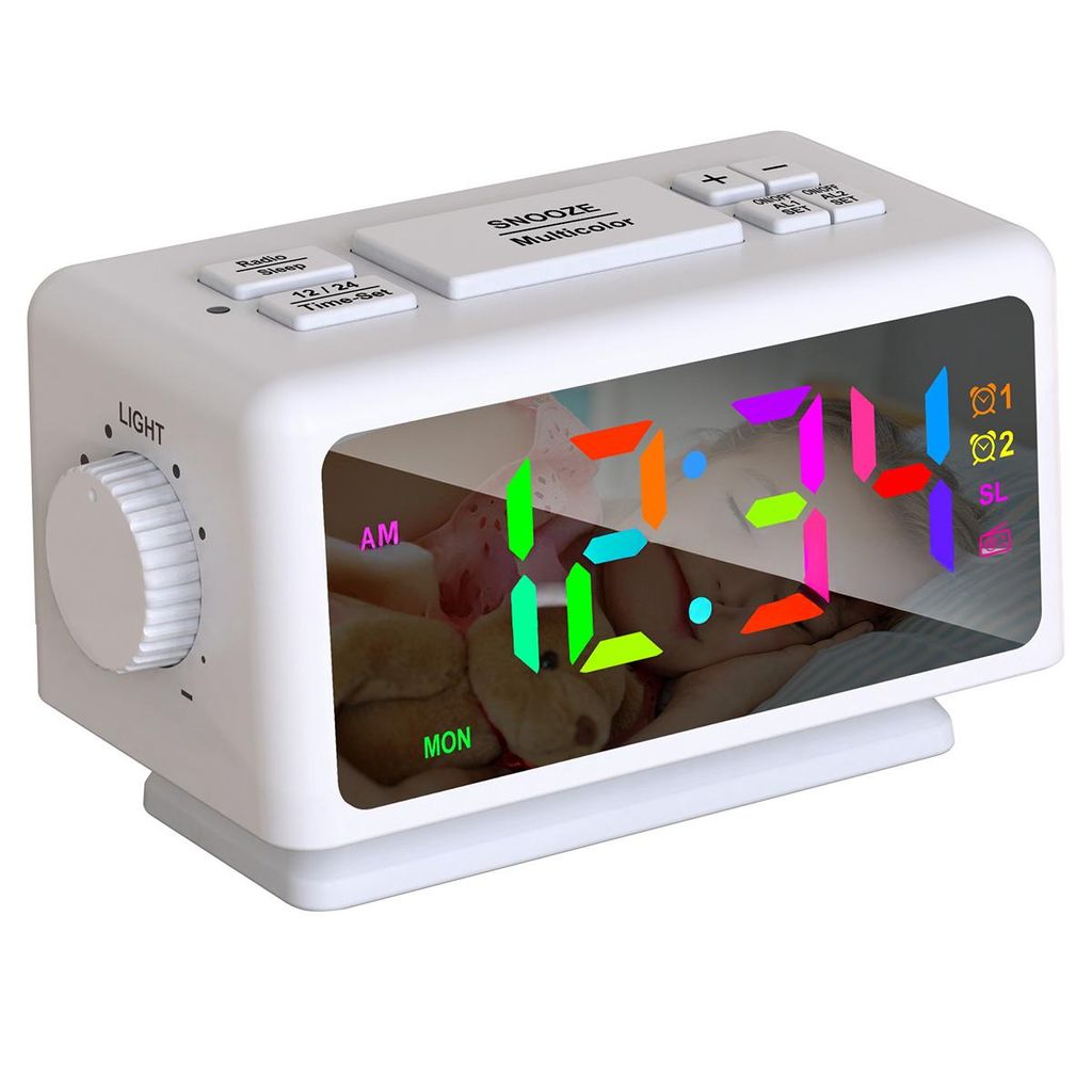 Großer RGB-Farbwecker, ewiger Kalender, FM-Radio, Digitaluhr, automatische Helligkeitsanpassung, USB-Stromausgang