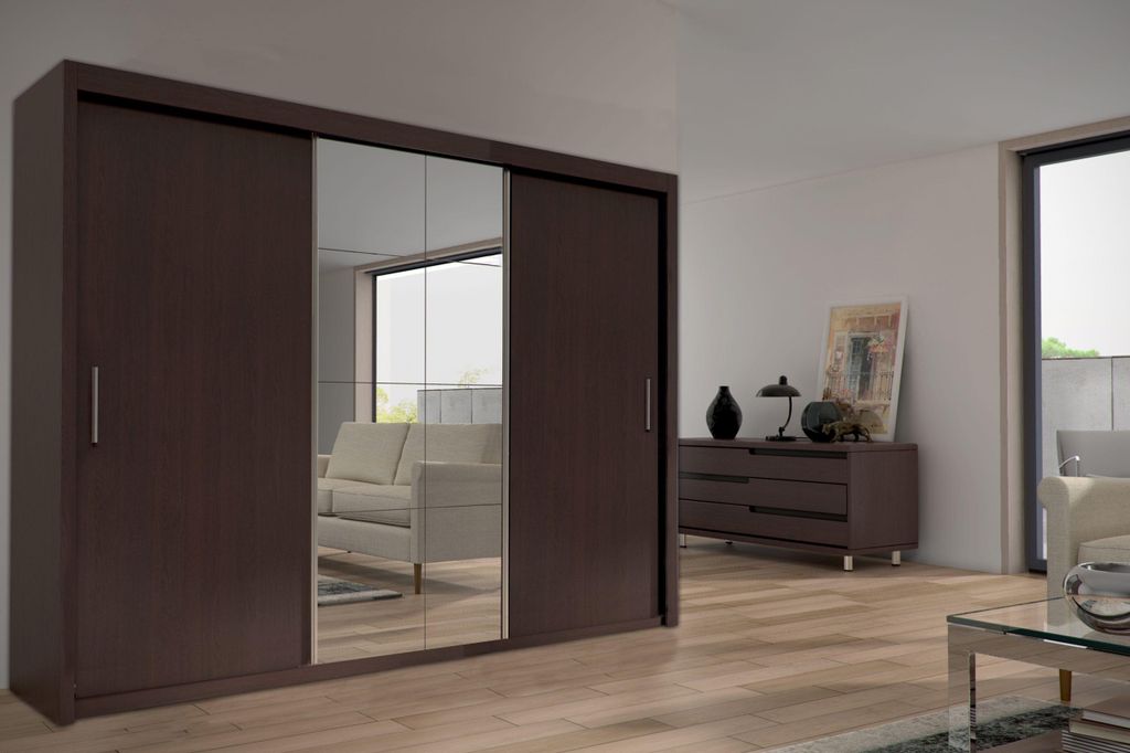 Krudox PES Kleiderschrank Wenge 250x216x62 cm Schiebetürenschrank mit Spiegel 3 Schubladen 2 Kleiderstangen Schlafzimmer
