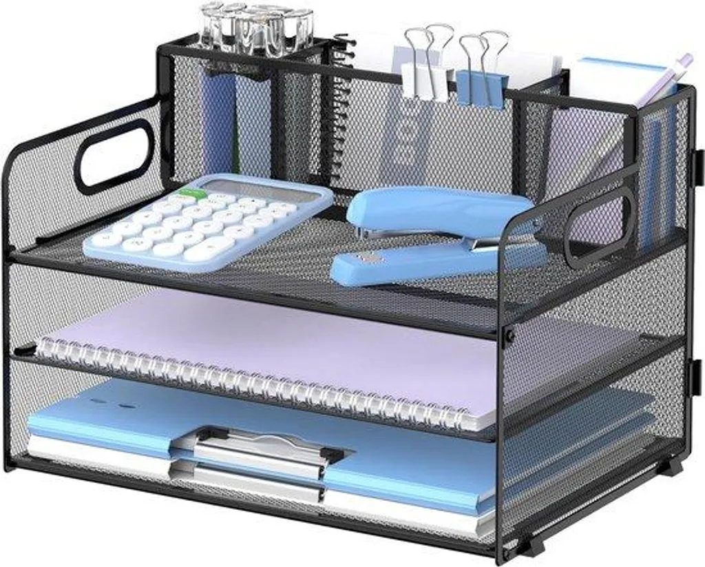 Rangement de bureau 3 niveaux noir avec 3 pots à crayons amovibles