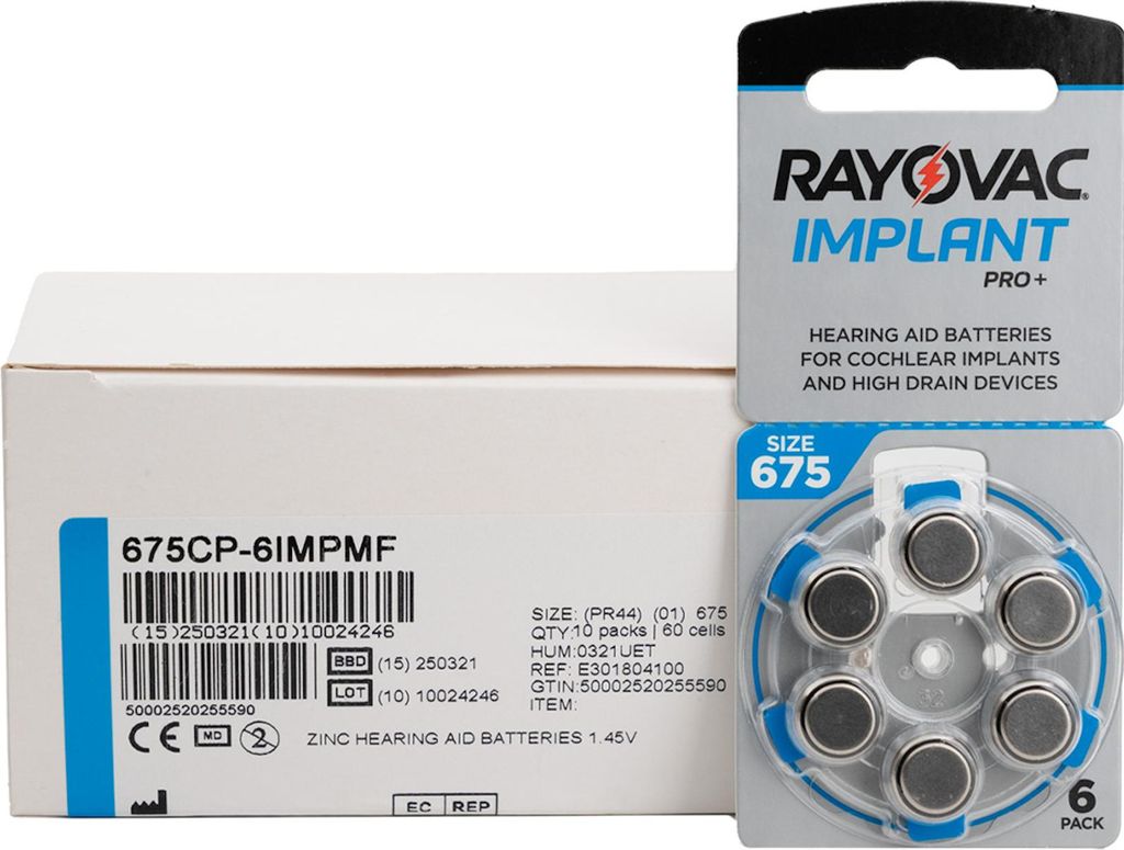Rayovac 10x 675 Cochlear Implantat Batterien PR44 Blau Hörgerätebatterien 6er Blister Implant Pro +