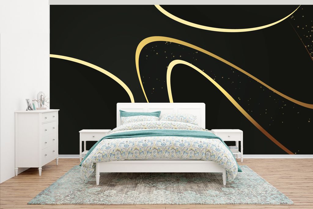 MuchoWow Fototapete für Wohnzimmer oder Schlafzimmer Wandtapete Vinyl Motivtapete Goldene Wellen auf schwarzem Hintergrund - 500x280 cm - Fotota...