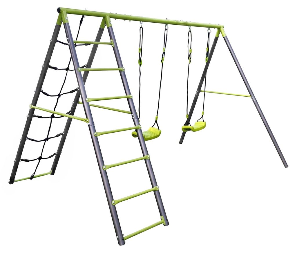 Kinderschaukel Set Deluxe mit Kletternetz und Leiter – Doppelschaukel & Klettergerüst, Outdoor