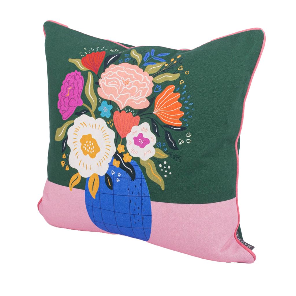 Kissenhülle mit Keder Blumenvase Baumwolle grün rosa bunt 45x45cm