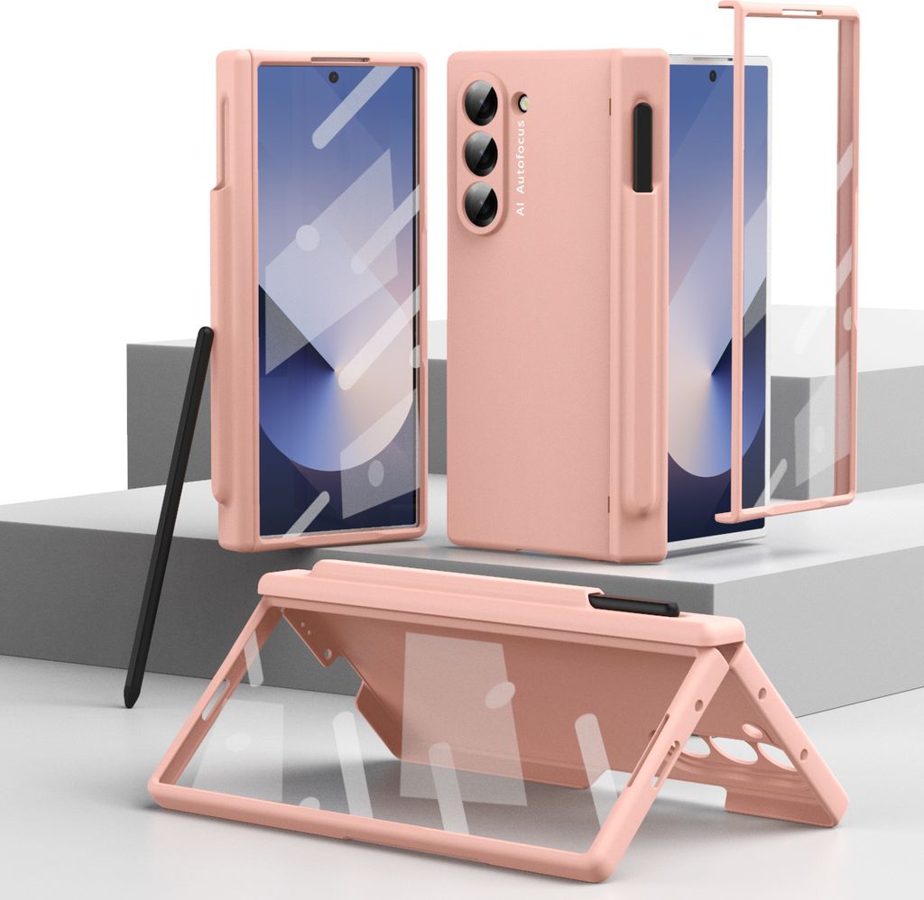 Hülle für Samsung Galaxy Z Fold 6 mit Pen, Scharnierschutz Hartes Anti-Kratzer Schutzhülle mit Displayschutzfolie Pink