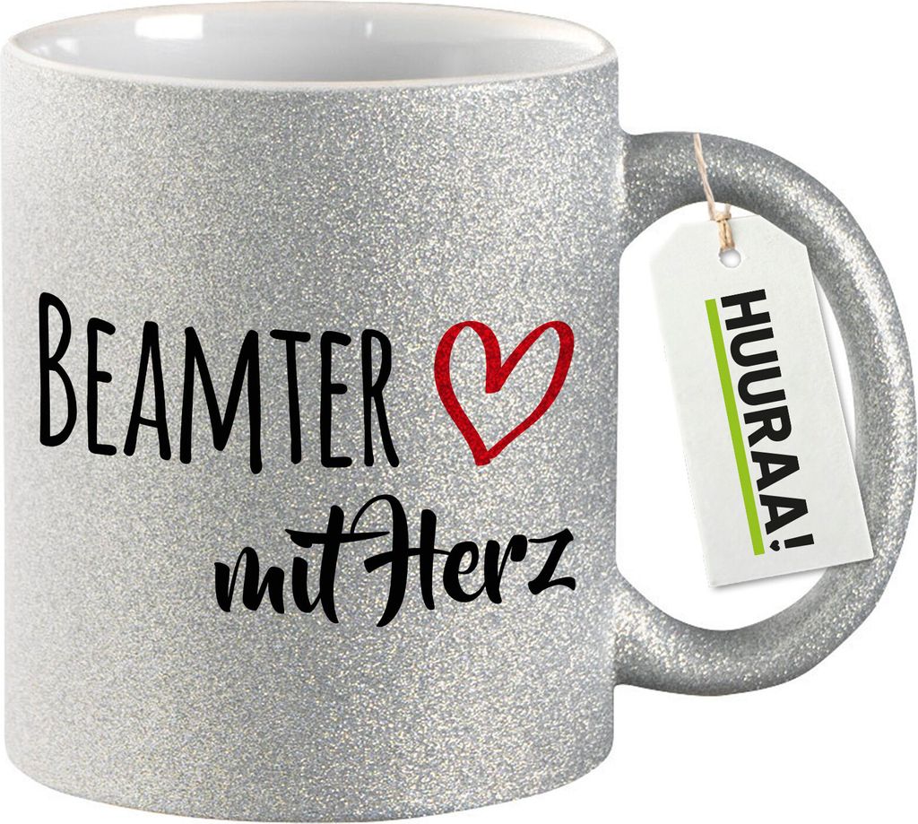 Huuraa Glitzertasse Beamter mit Herz 330ml Silber Keramik Produktbild 