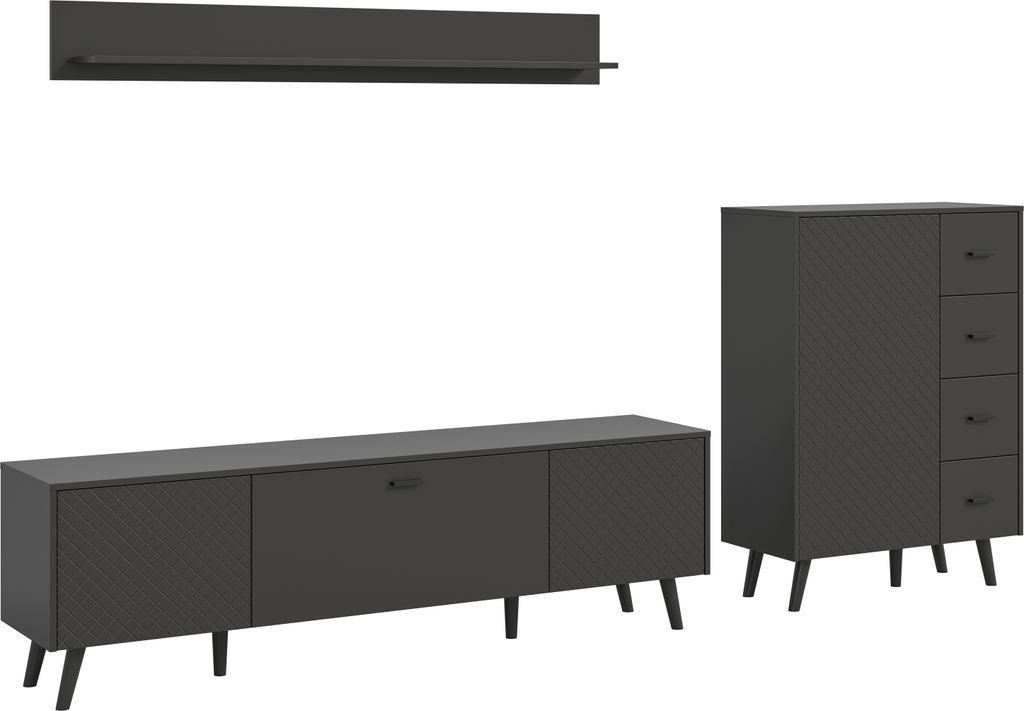 Wohnwand >Linea< (3-teilig) Lowboard, Wandboard, Kommode, grau - 269x175x40cm (BxHxT)