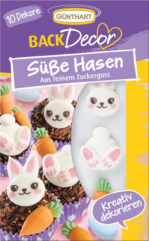 8 Hasen Dekore aus feinem Zuckerguß, Hase, Karotte und Produktbild 