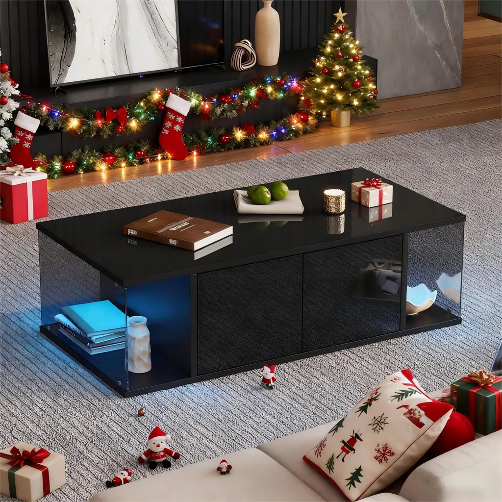 Table Basse pour Soirée Cinéma avec LED et Rangement Multimédia