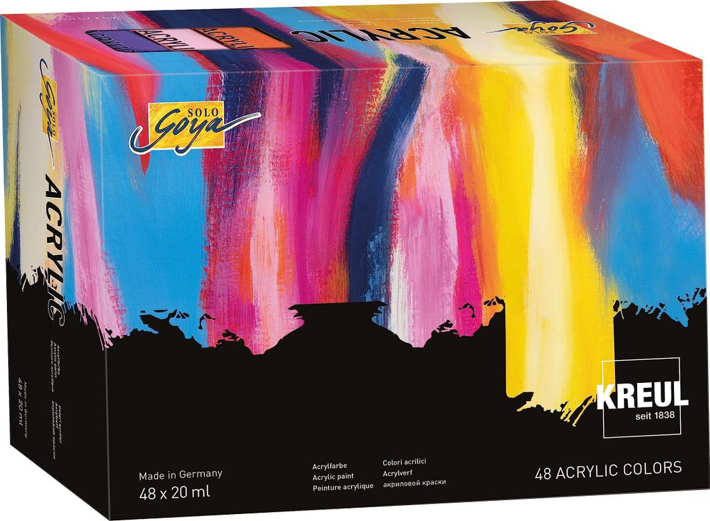A box of acrylic paints with a colorful abstract design.
