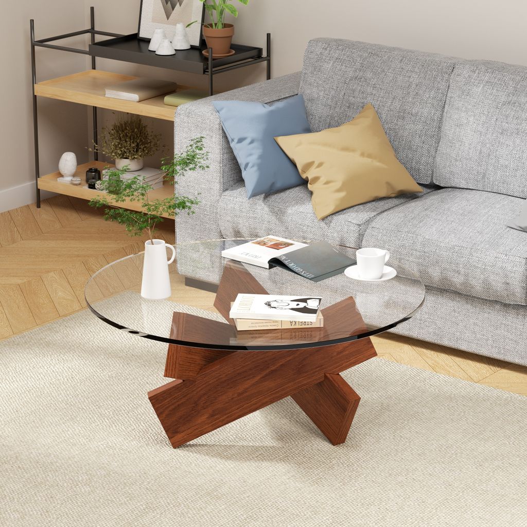 Couchtisch aus gehärtetem Glas & Massivholz, Ø80cm Produktbild 