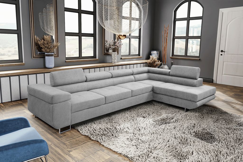 MargaretHadas24 Ecksofa L Form Marlene IV, 347x202, mit Schlaffunktion Bettkasten Couch mit verstellbaren Kopfstützen Samtstoff rechte Seite hellgrau