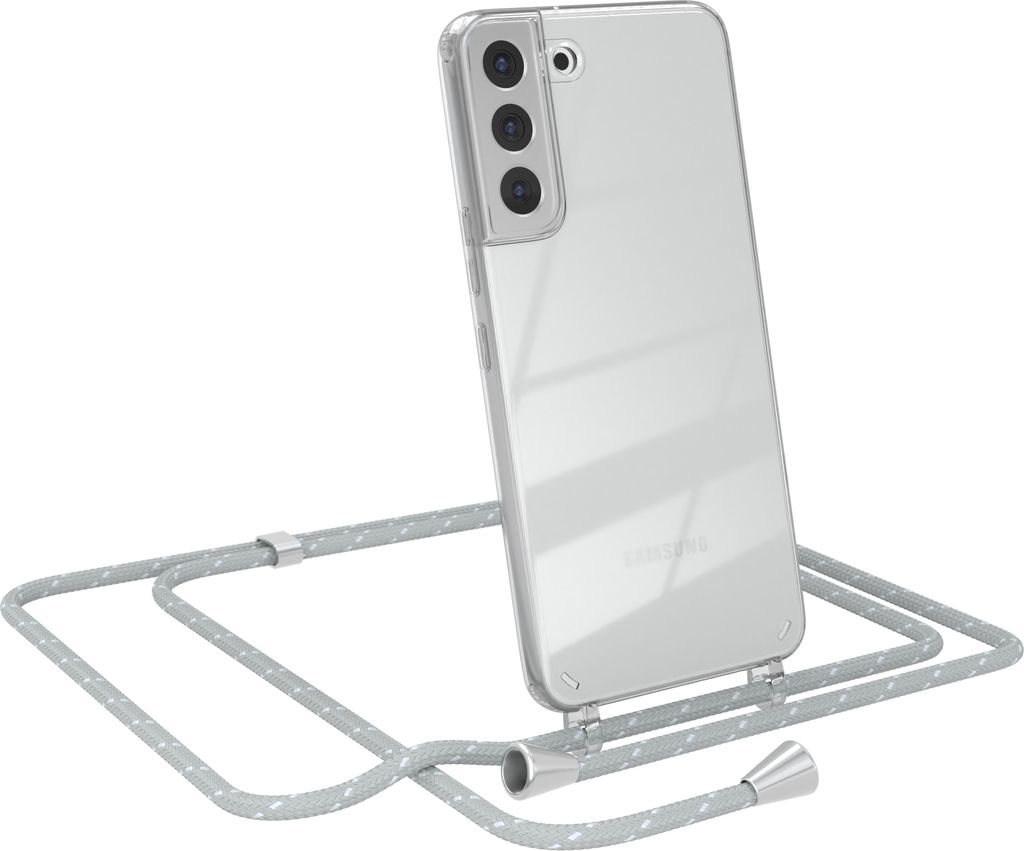 EAZY CASE Handykette kompatibel mit Samsung Galaxy S22 Plus 5G, Handyhülle mit Umhängeband, Handykordel, Schutzhülle Clear, Band in Grau