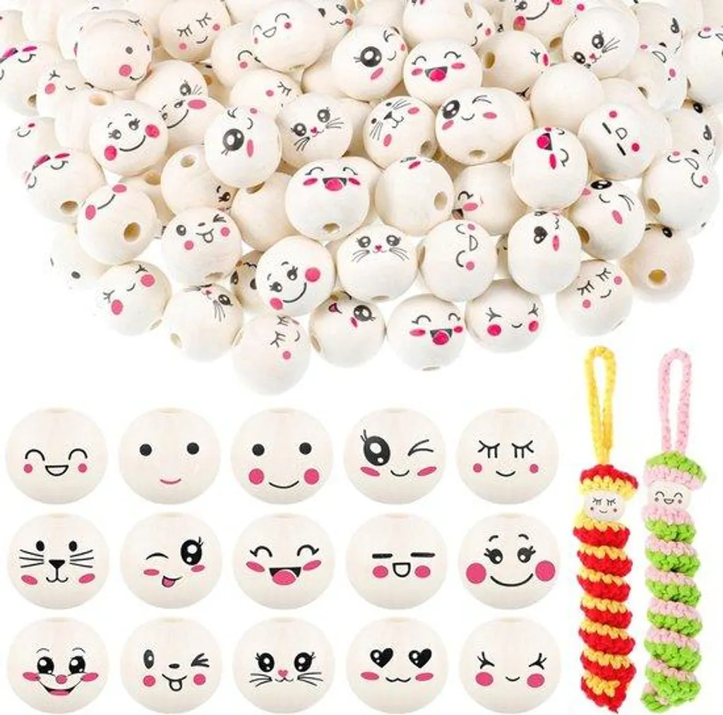 Perles en bois rondes à motifs smiley - Kit 150 pièces loisirs créatifs