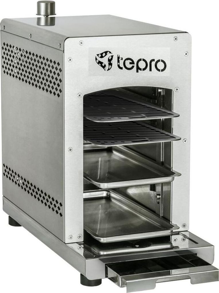 A stainless steel gas grill with multiple racks and a pull-out tray.