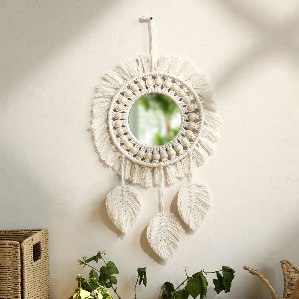 Miroir mural en macramé Décoration murale avec franges Image du produit 