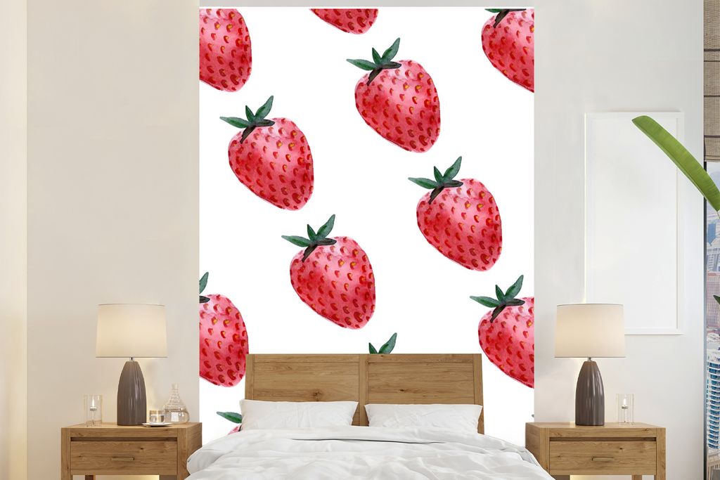 MuchoWow Fototapete für Wohnzimmer oder Schlafzimmer Wandtapete Vinyl Motivtapete Erdbeere - Wasserfarbe - Weiß - 160x240 cm - Vinyltapete