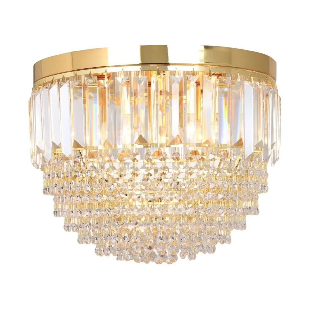 Plafonnier salon chic doré et cristal 5 lampes E14 série CHARLOTTE