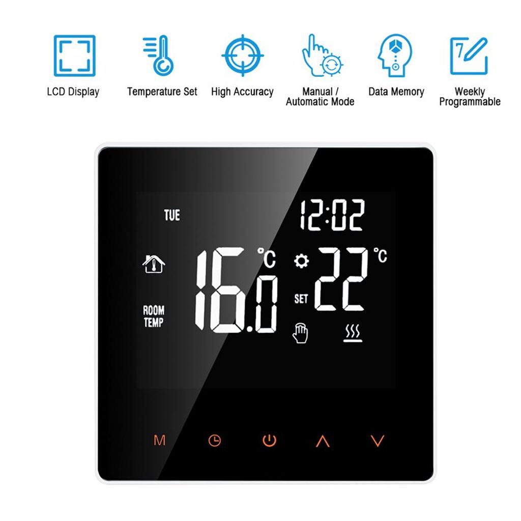 A digital thermostat with a black screen displaying temperature and time, set against a white background. Icons and text describing features are present above the thermostat.
