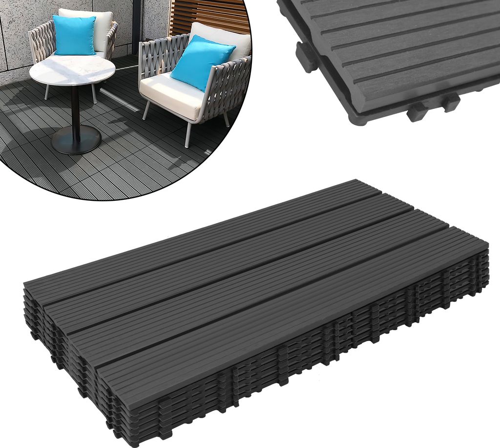 XMTECH 12 Stück WPC Klickfliese Terrassenfliesen 30x60cm Balkonfliesen Terrassendielen Bodenfliese Fliesen aus Kunststoff, Anthrazit