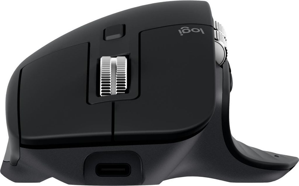 Side view of a black Logitech MX Master 3S wireless mouse.
