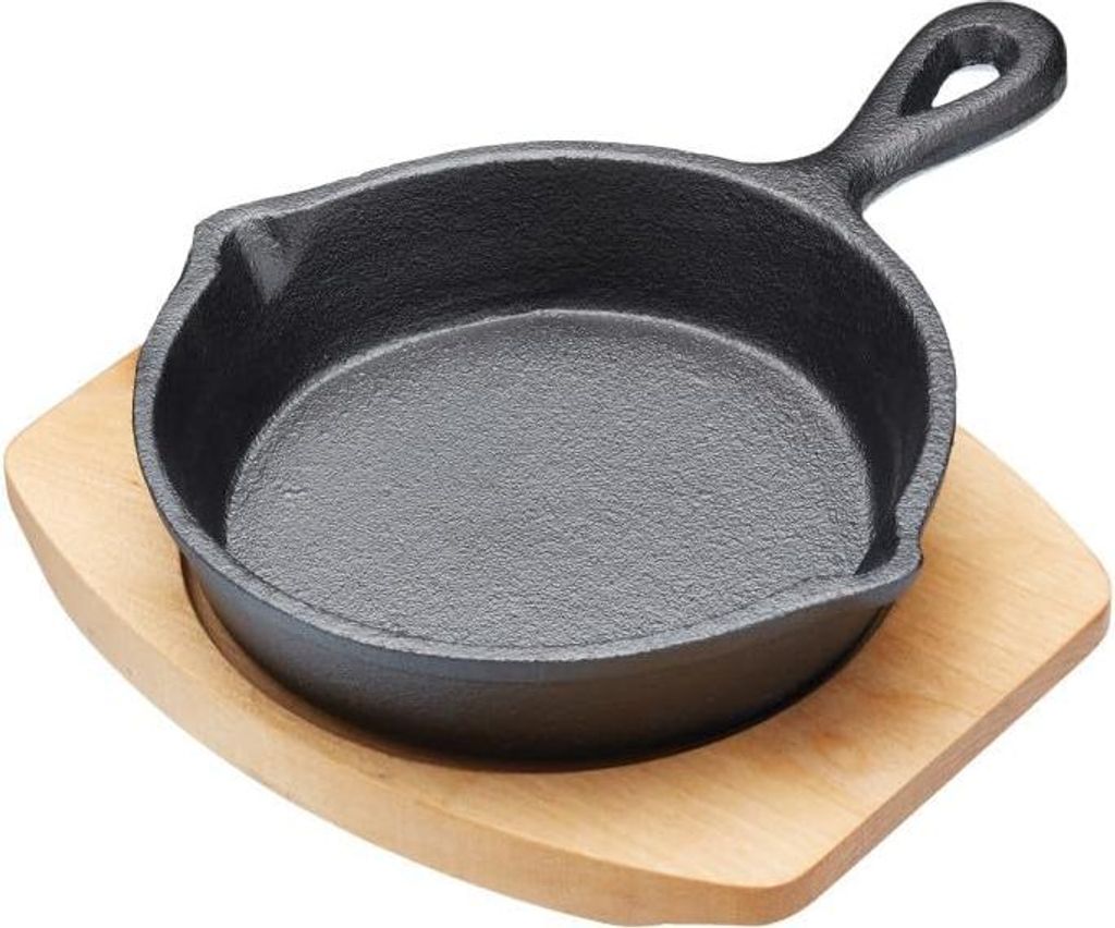 Mini Gusseisen Bratpfanne mit Holzservierbrett - Grillpfanne für Fajitas und Tapas - 1 Stück - Schwarz - Gusseisen - 15 x 3 x 20 cm