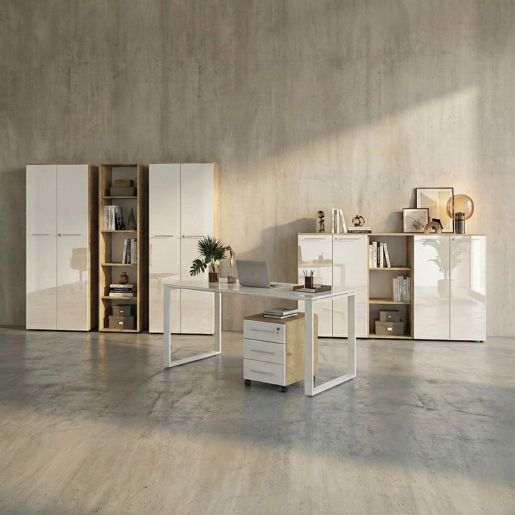 Büro-Set 8-tlg Komplettbüro MUENCHEN | Schreibtisch, 6 Schränke, Container | Glasfront Soft-Close Abschließbar | Chalet-Eiche-Nb./Weiß | Kadim...