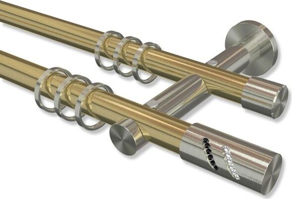 Interdeco Gardinenstange, Vorhangstange Messing-Optik / Edelstahl-Optik Modell Platon Zoena, 20 mm Ø 2-läufig, 220 cm
