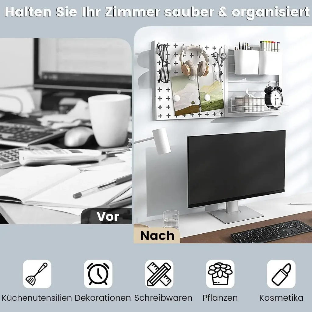 Pegboard Mural Blanc pour Atelier ou Bureau avec Boîtes et Tablette - 4