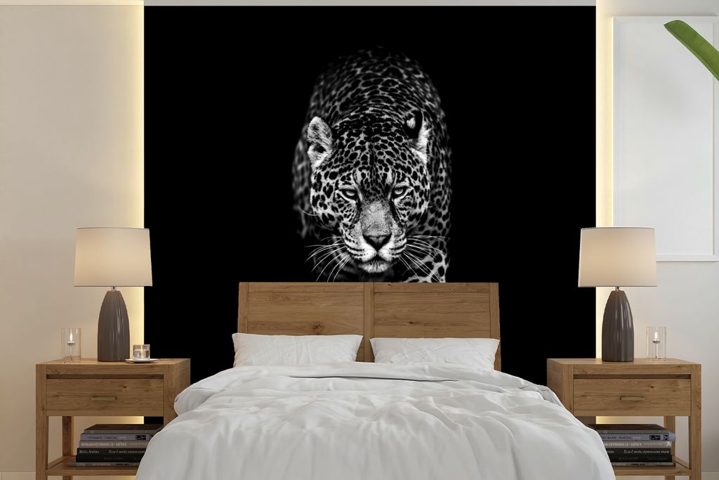 MuchoWow Fototapete für Wohnzimmer oder Schlafzimmer Wandtapete Vinyl Motivtapete Tiere - Schwarz - Leopard - Weiß - Wild - 280x280 cm - Hinter...