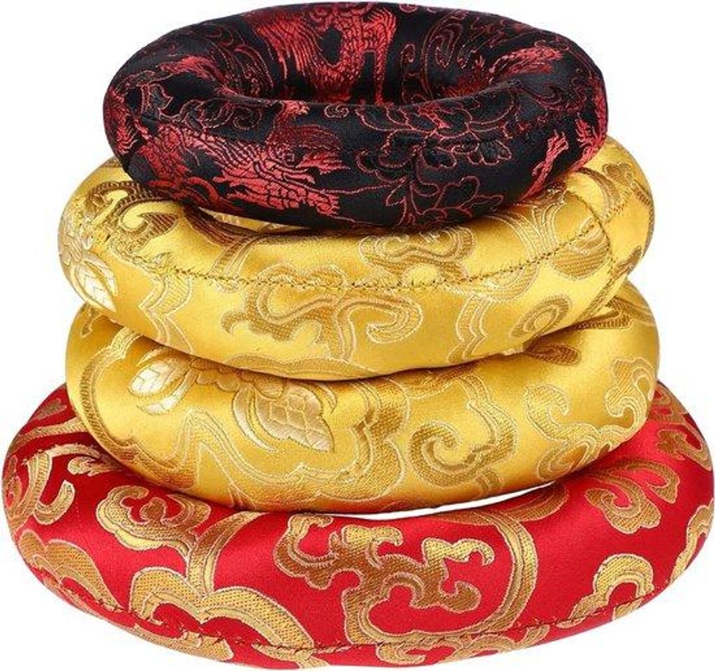 Klankschaalkussens 4 Stück 10-12-14-16 cm mit traditionellen tibetanischen Mustern - sortierte Farben.